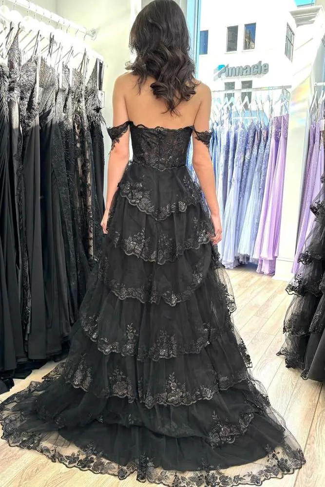 Yaiiua | Black Off the Shoulder Lace Appliques Tiered Prom Dress with Slit sold by KissProm product image thumbnail 2