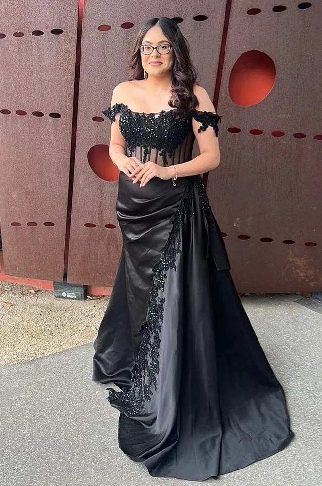 Jean | Emerald Green Off the-Shoulder Satin Prom Dresses with slit sold by KissProm product image thumbnail 5