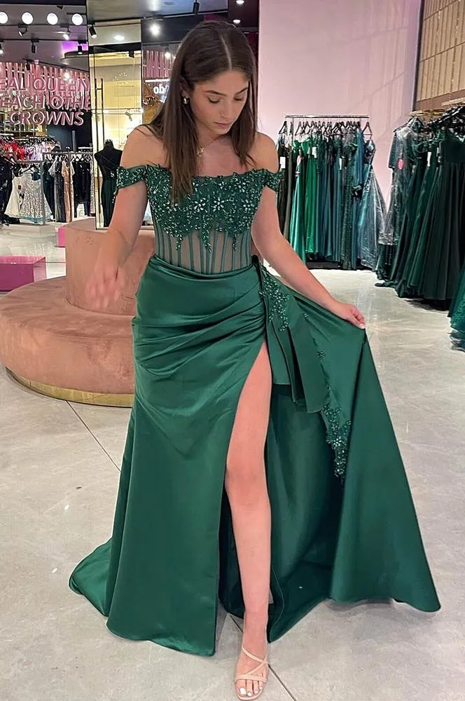 Jean | Emerald Green Off the-Shoulder Satin Prom Dresses with slit sold by KissProm product image thumbnail 2
