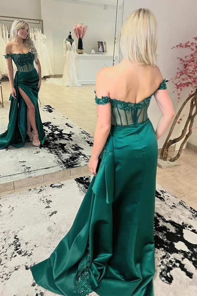 Jean | Emerald Green Off the-Shoulder Satin Prom Dresses with slit sold by KissProm product image thumbnail 3