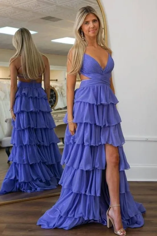 Thaddea | V-Neck Lavender Ruffle Prom Dress with Slit sold by KissProm