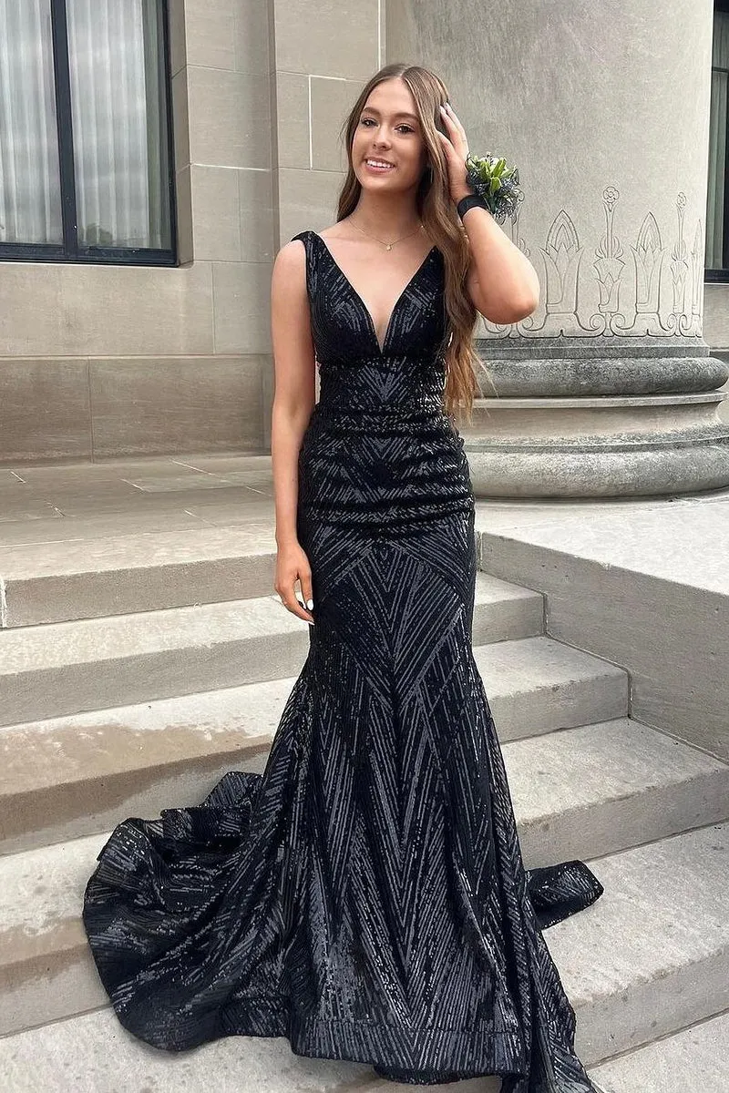 Mermaid V Neck Sequins Sweep Train Long Prom Dresses sold by KissProm