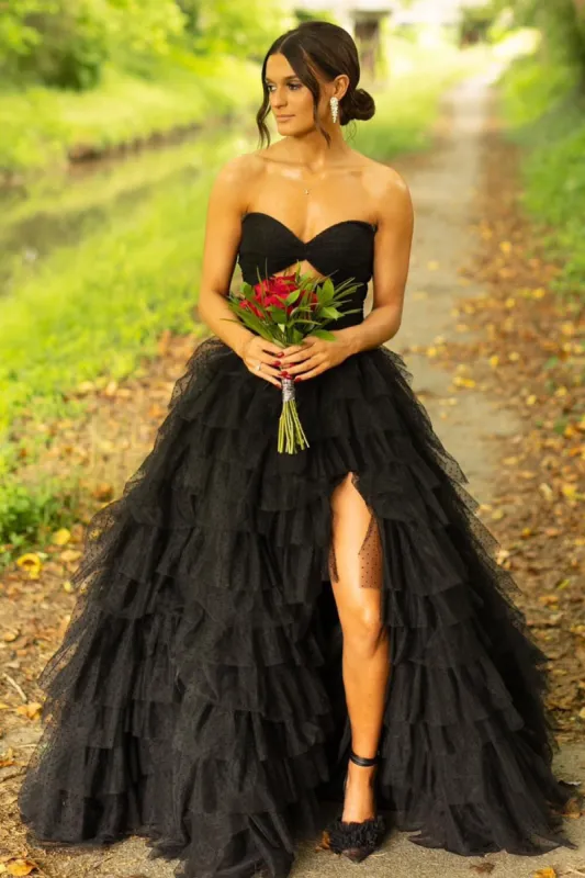 Serendip | A Line Black Tiered Tulle Sweetheart Long Prom Dresses with Slit sold by KissProm