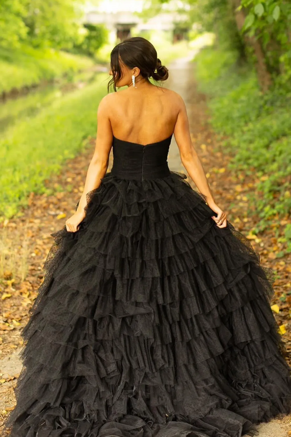 Serendip | A Line Black Tiered Tulle Sweetheart Long Prom Dresses with Slit sold by KissProm product image thumbnail 2