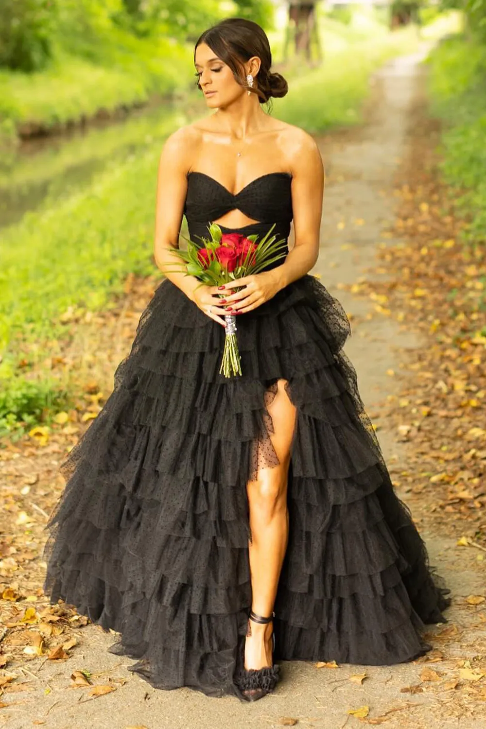 Serendip | A Line Black Tiered Tulle Sweetheart Long Prom Dresses with Slit sold by KissProm product image thumbnail 3