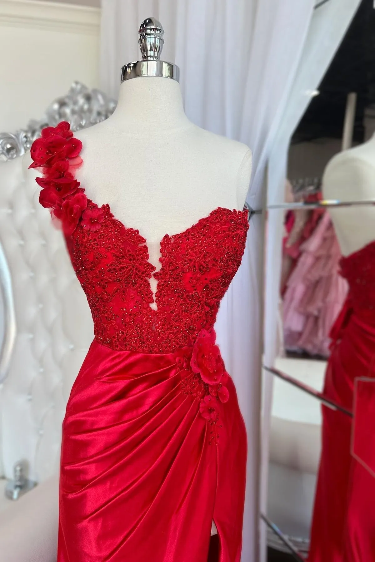 Mandel|Red One-Shoulder 3D Floral Lace Pleated Long Gown with Slit sold by KissProm product image thumbnail 5