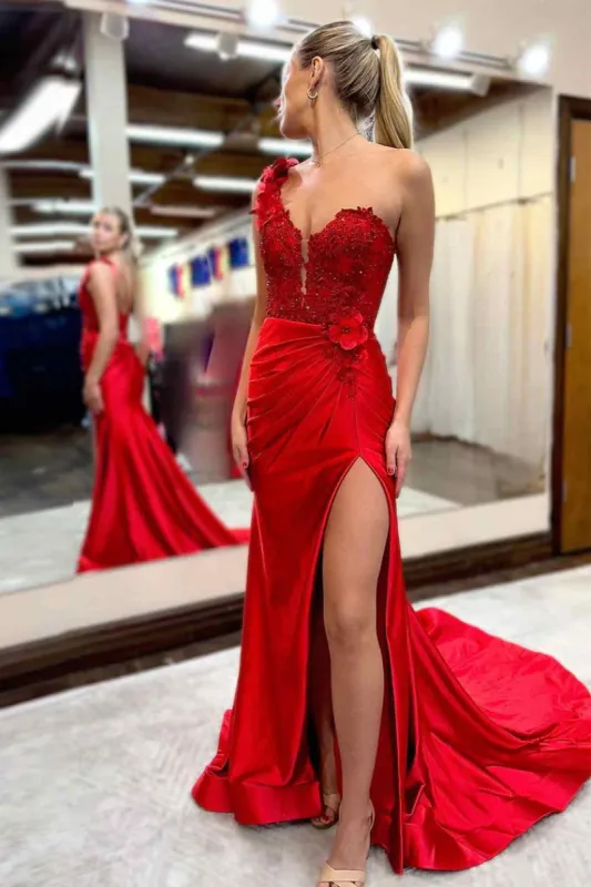 Mandel|Red One-Shoulder 3D Floral Lace Pleated Long Gown with Slit sold by KissProm