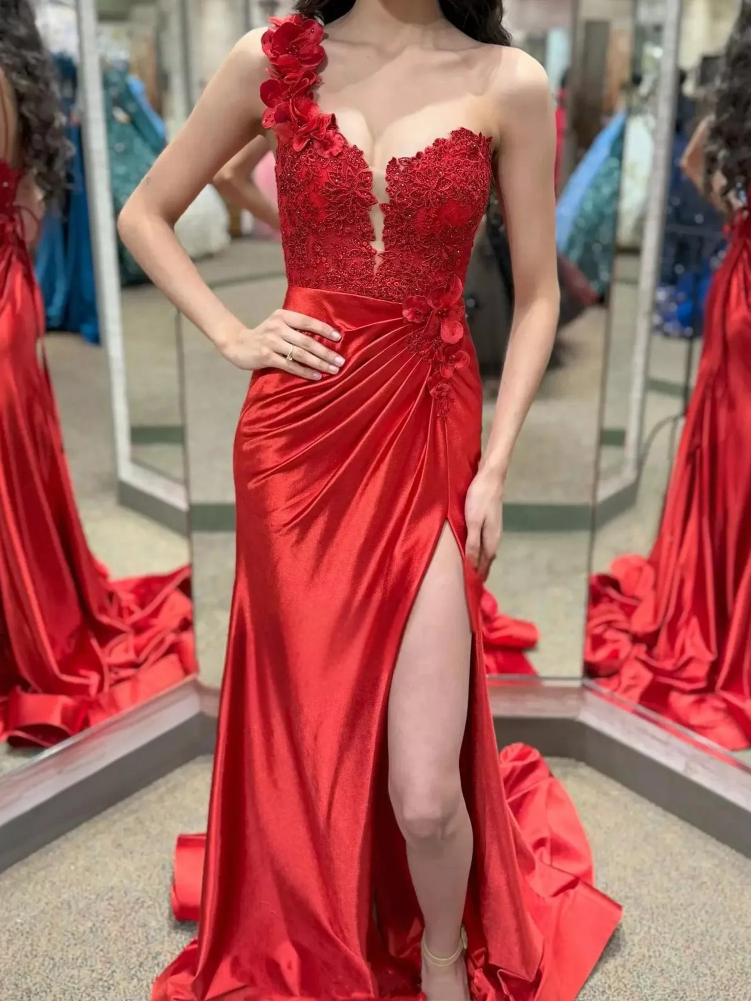 Mandel|Red One-Shoulder 3D Floral Lace Pleated Long Gown with Slit sold by KissProm product image thumbnail 3