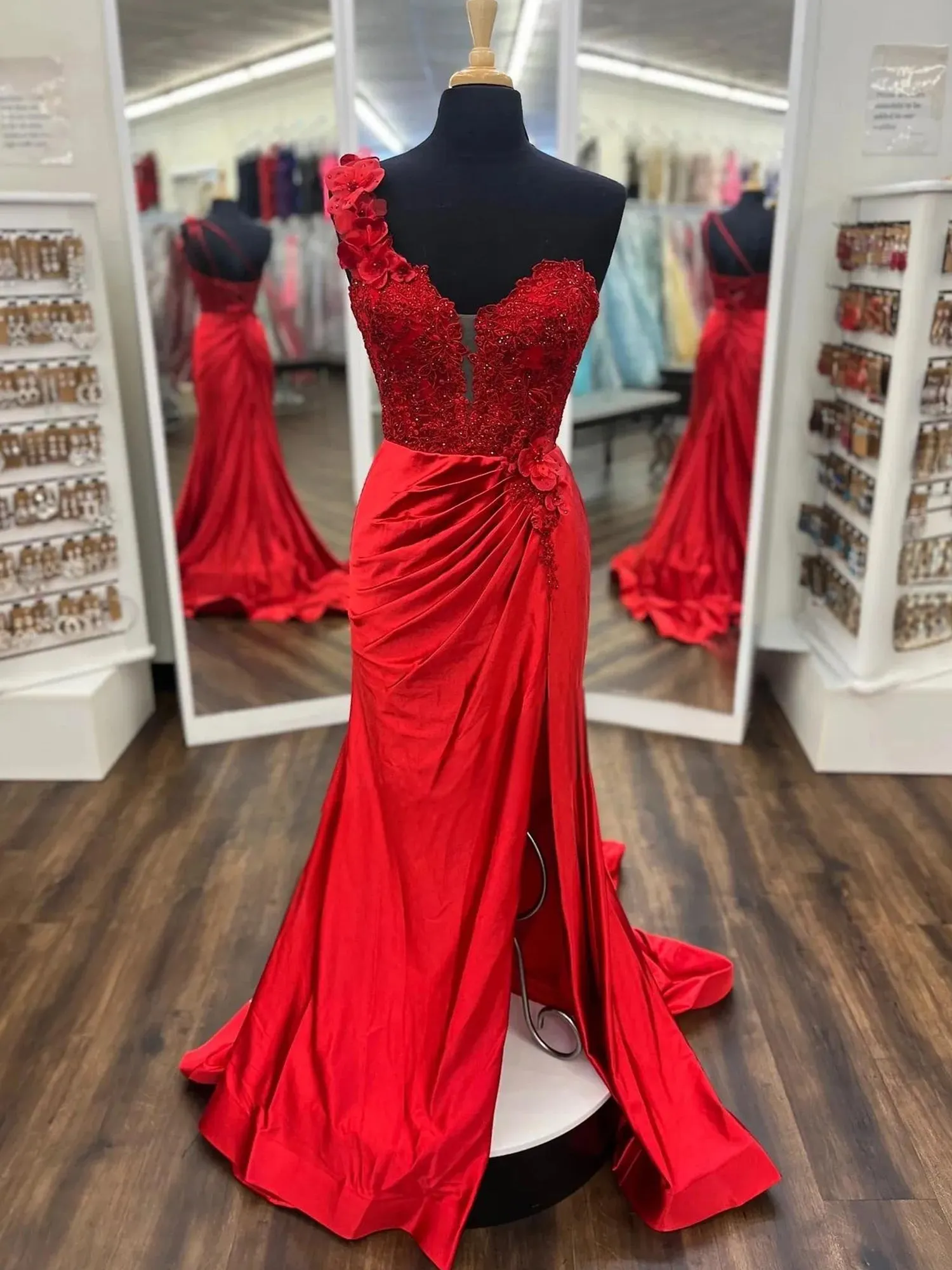 Mandel|Red One-Shoulder 3D Floral Lace Pleated Long Gown with Slit sold by KissProm product image thumbnail 4