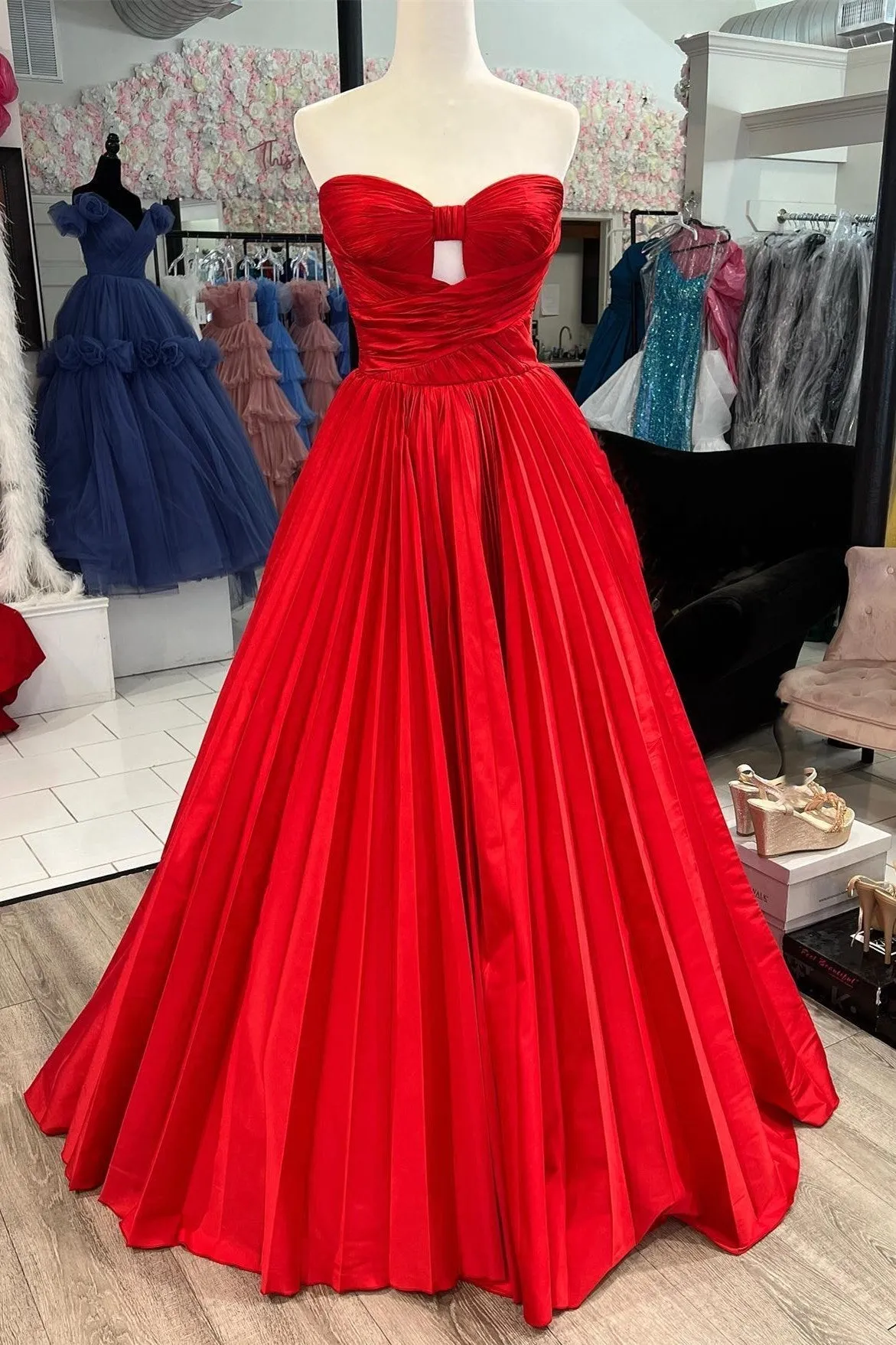 Red Satin Sweetheart Keyhole Ball Gown sold by KissProm