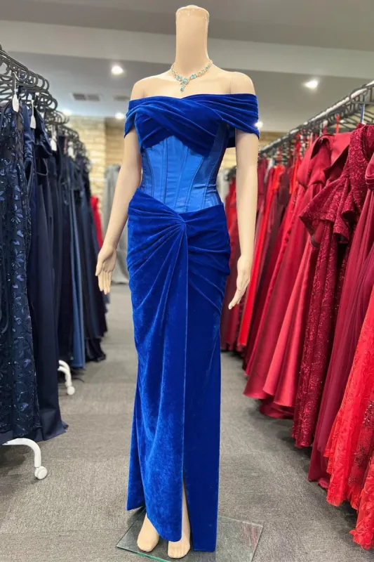 Holla | Royal Blue Velvet Off-the-Shoulder Twist-Knot Sheath Formal Gown sold by KissProm