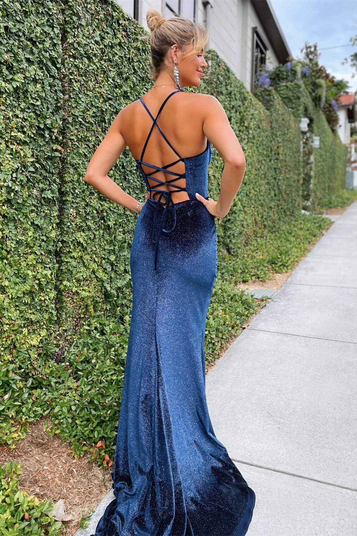 Felix | Navy Blue Mermaid Velvet Corset Lace-Up Long Formal Dress with Slit sold by KissProm product image thumbnail 2