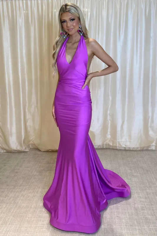 Ilse | Purple Halter Open Back Trumpet Long Formal Dress sold by KissProm