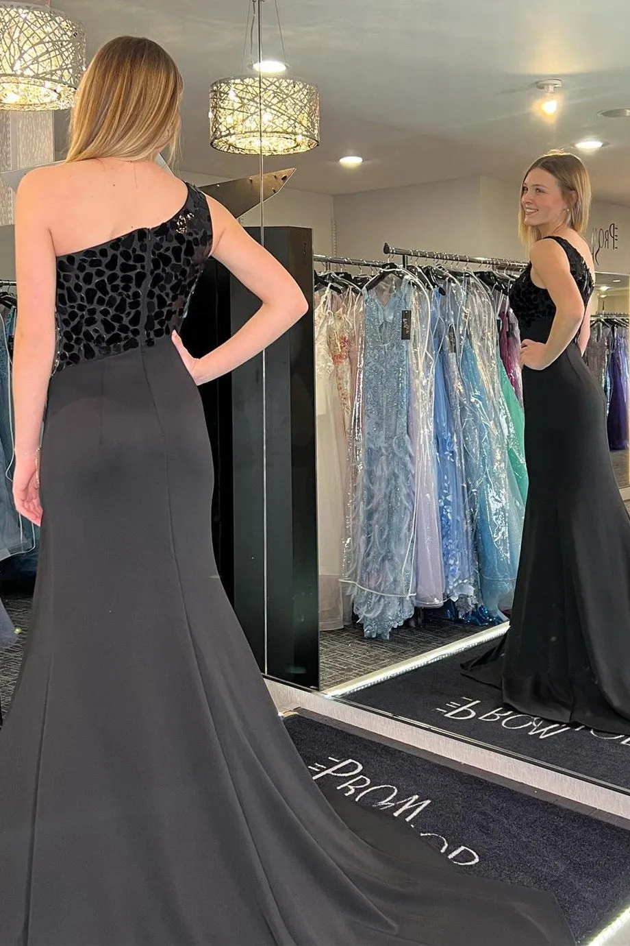 Harlow | Light Blue Cut Glass Mirror One-Shoulder Trumpet Long Formal Dress with Slit sold by KissProm product image thumbnail 3