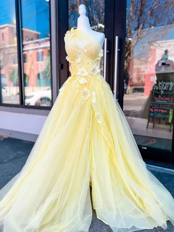 Jayna | Light Yellow One Shoulder 3D Appliques Beading Long Prom Dress with Slit sold by KissProm