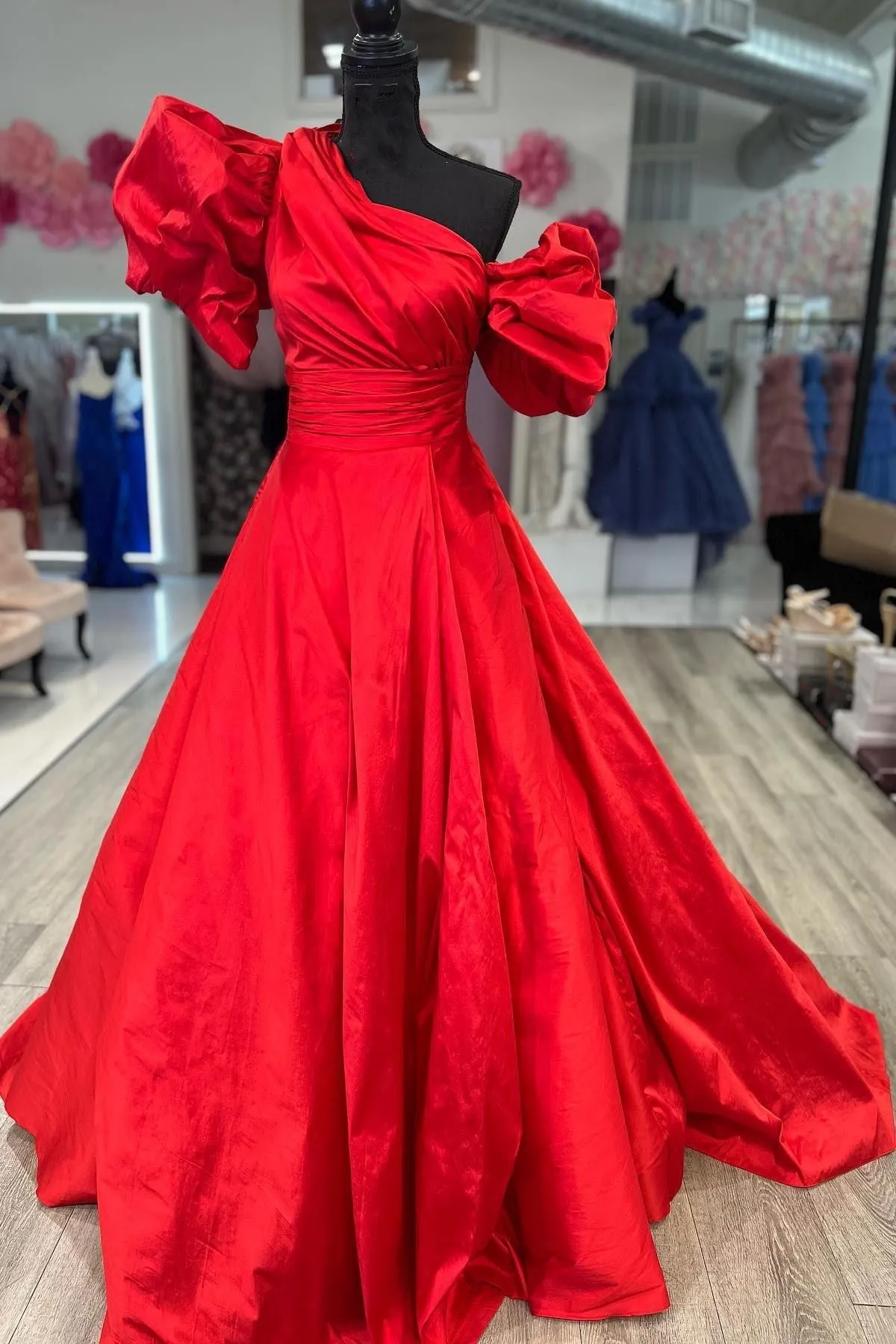 Fuchsia One-Shoulder A-Line Long Prom Dress with Puff Sleeves sold by KissProm product image thumbnail 2