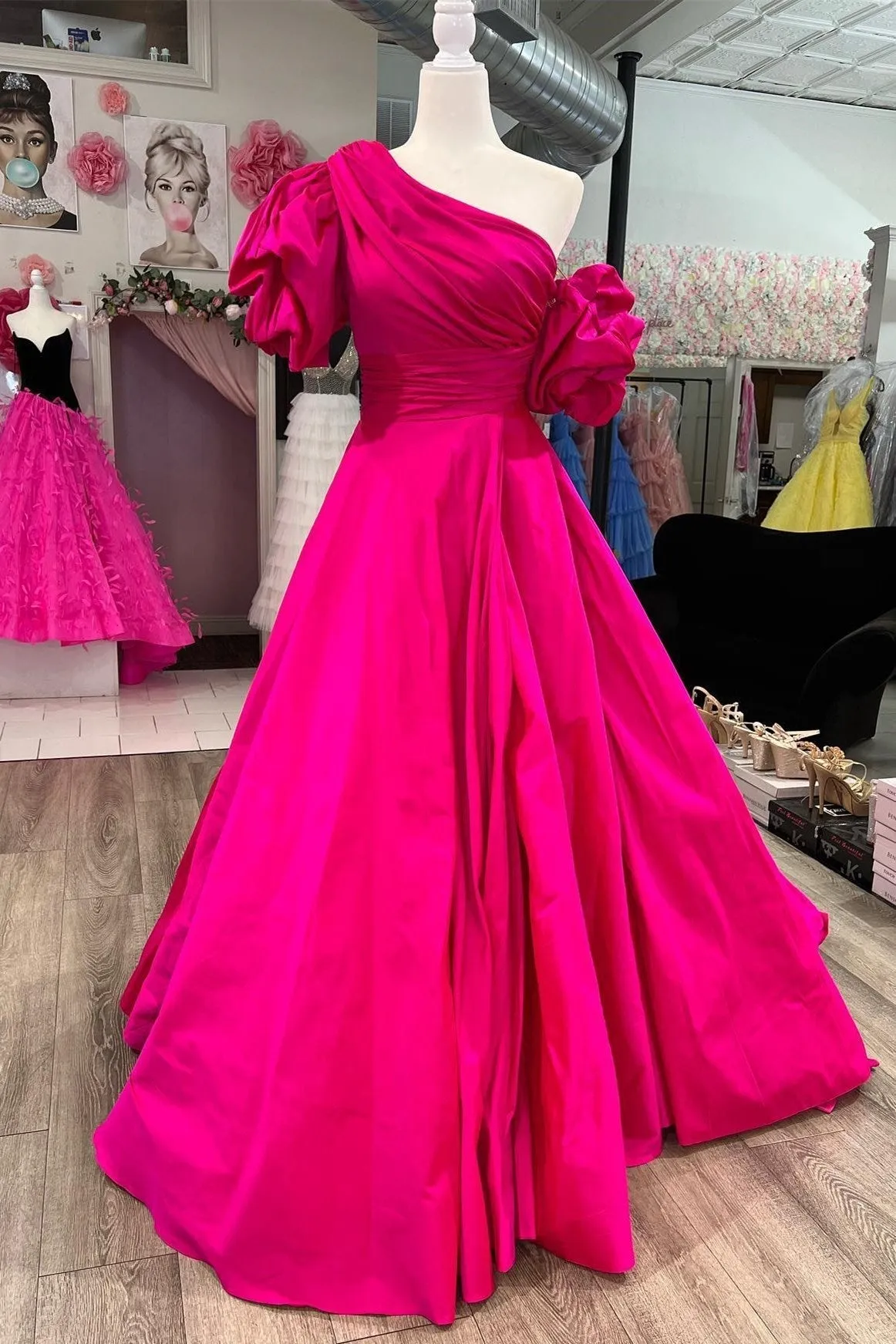 Fuchsia One-Shoulder A-Line Long Prom Dress with Puff Sleeves sold by KissProm