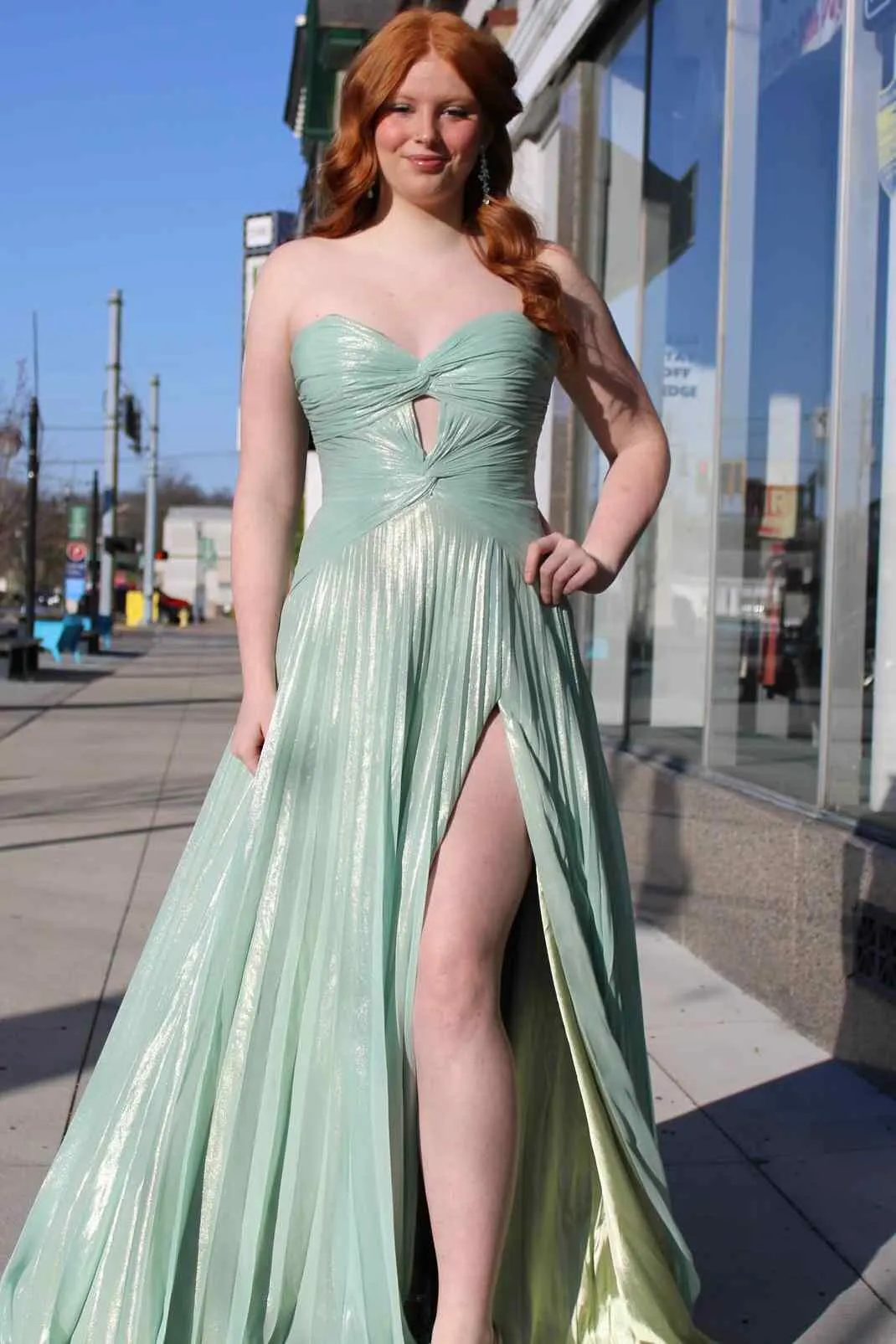 Cherish | A-Line Strapless Pleated High Slit Sleeveless Metallic Long Prom Dress sold by KissProm product image thumbnail 2