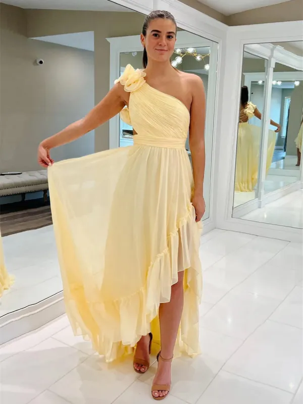 Ishmael | Light Yellow A-line One Shoulder Lace-Up Pleated Ruffle High-Low Prom Dress sold by KissProm