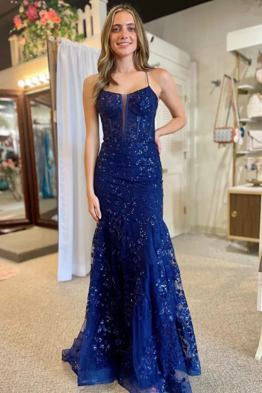 Lance | Blue Sequin Lace Spaghetti Strap Mermaid Long Formal Dress sold by KissProm