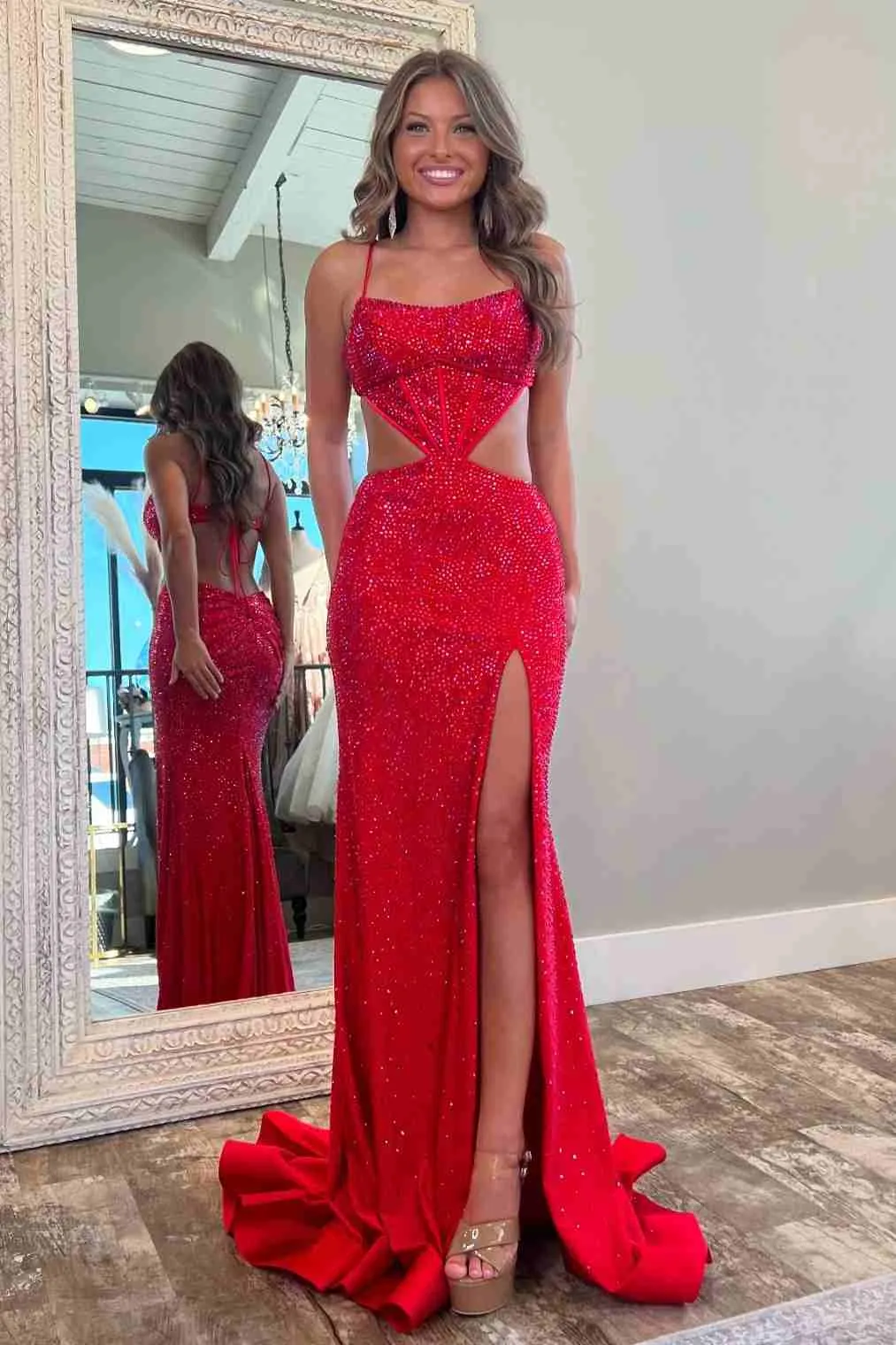 Red Spaghetti Straps Cutout Beaded Mermaid Long Dress With Split sold by KissProm product image thumbnail 2