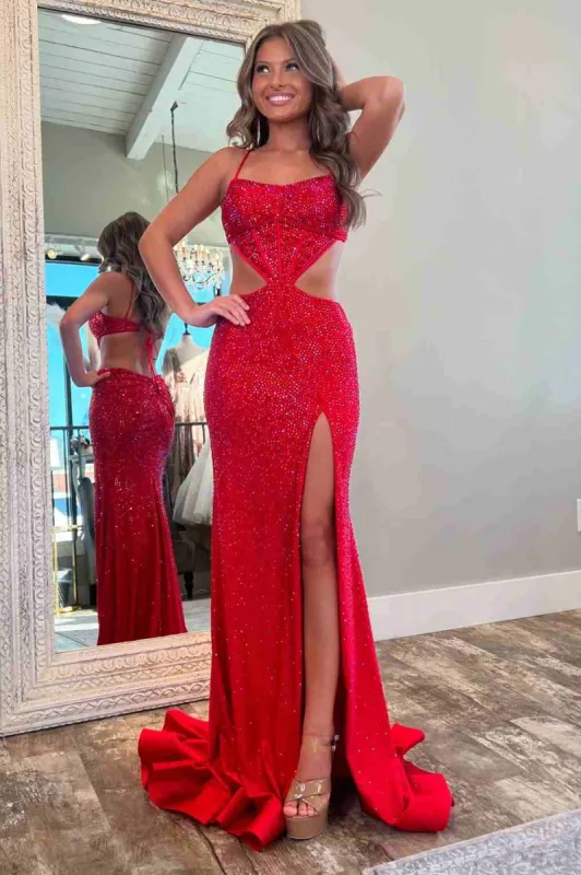 Petra | Red Spaghetti Straps Cutout Beaded Mermaid Long Dress With Split sold by KissProm