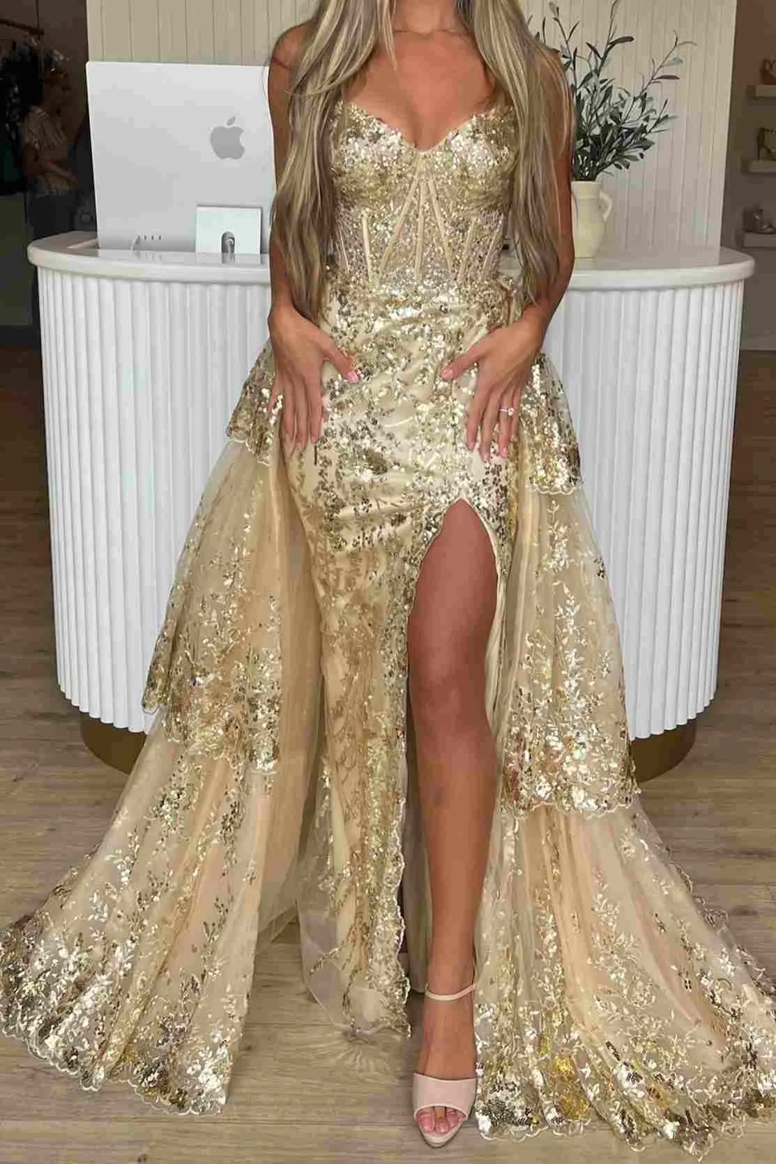 Merlin | Gold Sweetheart A-Line Lace Long Prom Dress With Split sold by KissProm