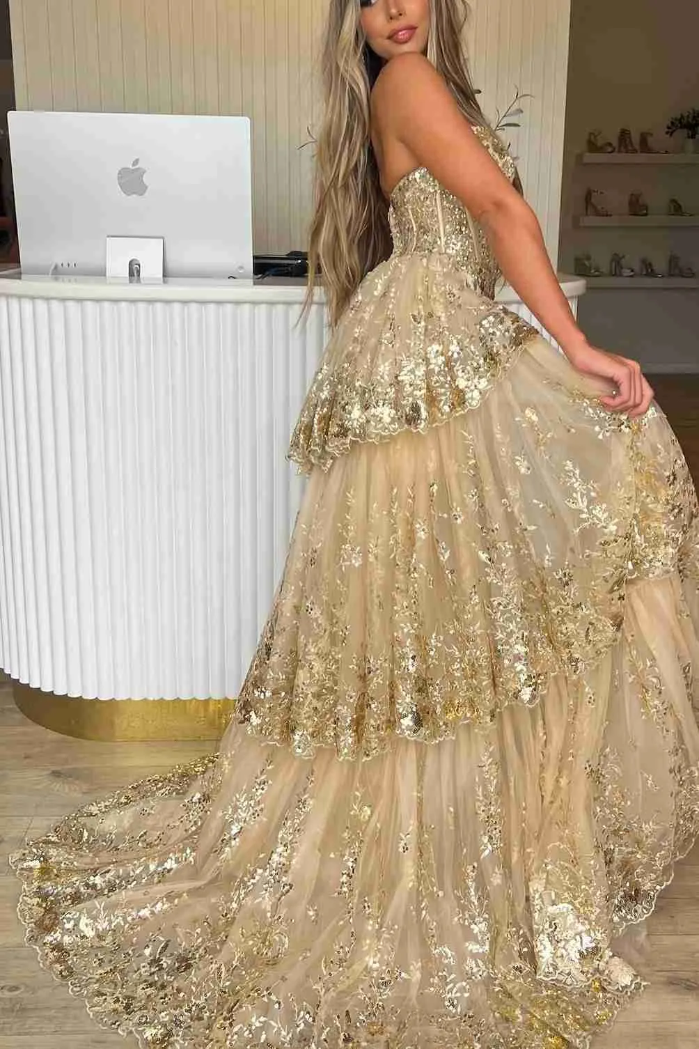 Merlin | Gold Sweetheart A-Line Lace Long Prom Dress With Split sold by KissProm product image thumbnail 2
