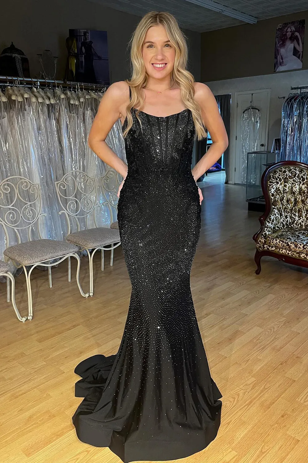 Hadley | Black Scoop Neck Mermaid Prom Dresses With Beading sold by KissProm