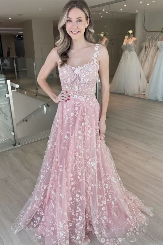 Odalys | Pink A Line Tulle Prom Dress With Floral Appliques sold by KissProm
