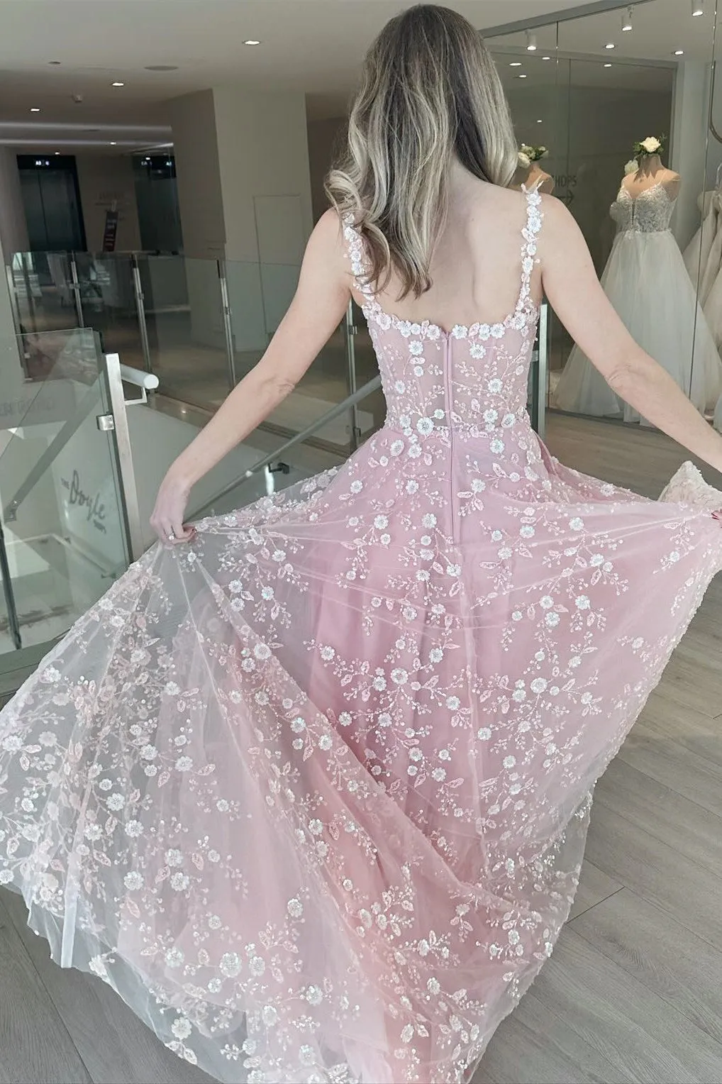 Odalys | Pink A Line Tulle Prom Dress With Floral Appliques sold by KissProm product image thumbnail 2