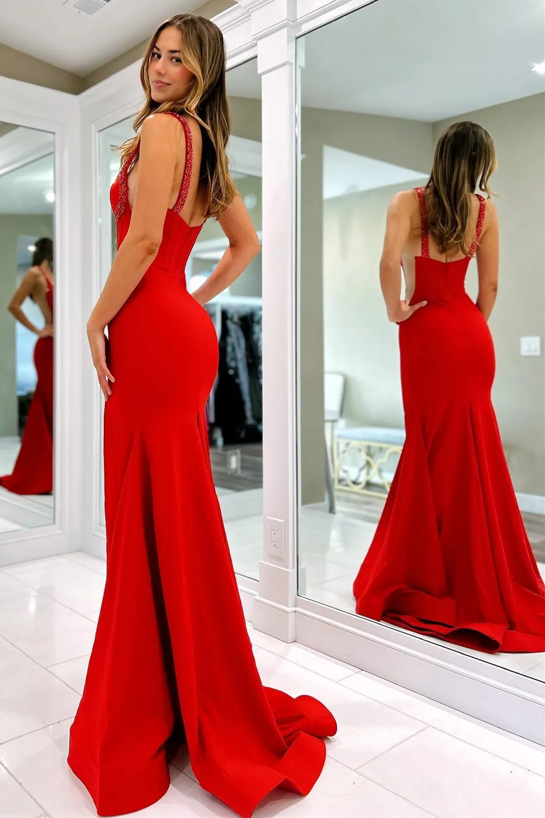 Priya | Red Satin Beaded Mermaid Prom Dress With Split sold by KissProm product image thumbnail 2