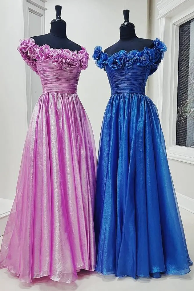 Teodora | Royal Blue Off the Shoulder A-Line Prom Dress with 3D Floral sold by KissProm product image thumbnail 2