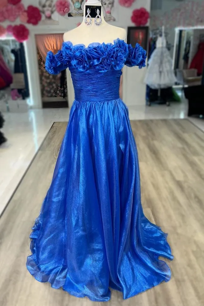 Teodora | Royal Blue Off the Shoulder A-Line Prom Dress with 3D Floral sold by KissProm product image thumbnail 4