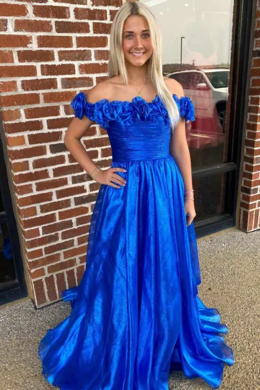Teodora | Royal Blue Off the Shoulder A-Line Prom Dress with  3D Floral sold by KissProm