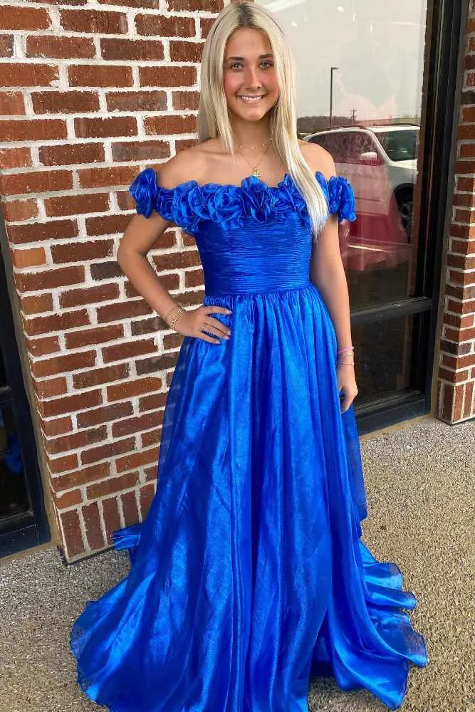 Teodora | Royal Blue Off the Shoulder A-Line Prom Dress with 3D Floral sold by KissProm