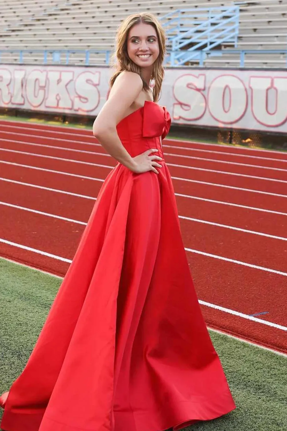 Xanthia | A-Line Strapless Bow Empire-Waist Sleeveless Satin Long Prom Dress with Slit sold by KissProm product image thumbnail 2