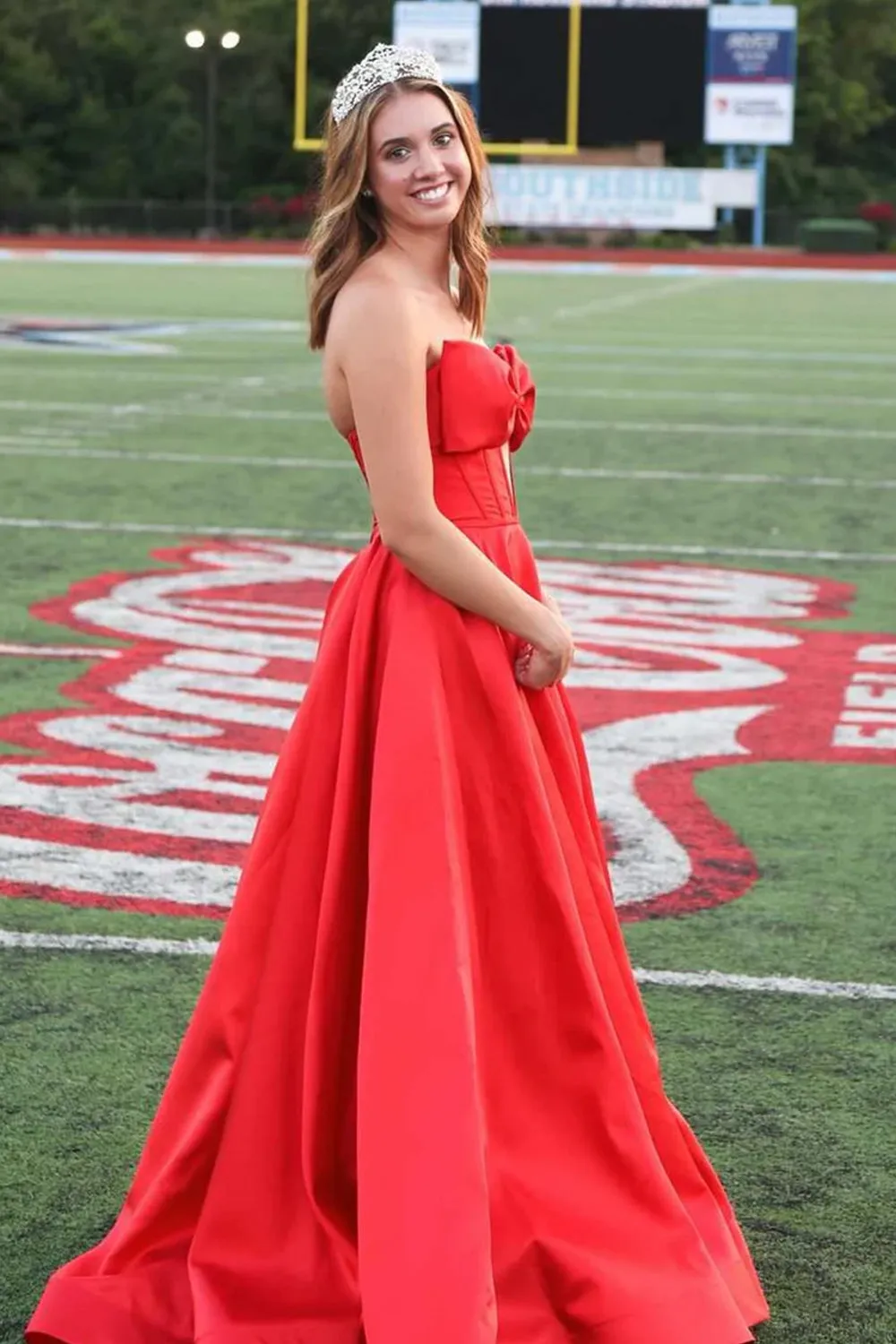 Xanthia | A-Line Strapless Bow Empire-Waist Sleeveless Satin Long Prom Dress with Slit sold by KissProm product image thumbnail 4