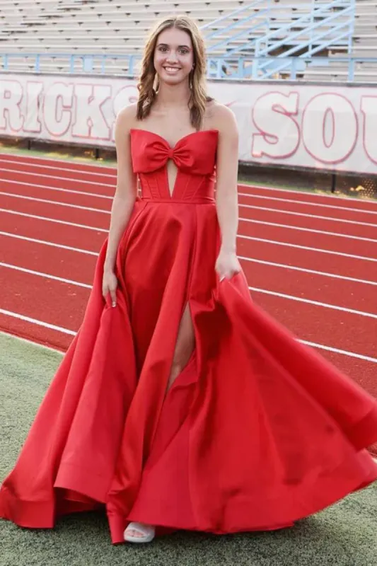 Xanthia | A-Line Strapless Bow Empire-Waist Sleeveless Satin Long Prom Dress with Slit sold by KissProm