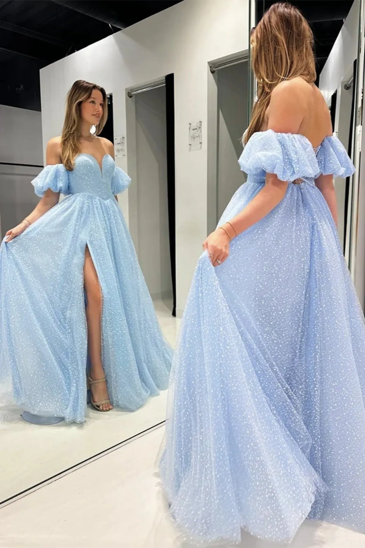 Nereida | Sky Blue Off The Shoulder Tulle Prom Dress With Split sold by KissProm product image thumbnail 2