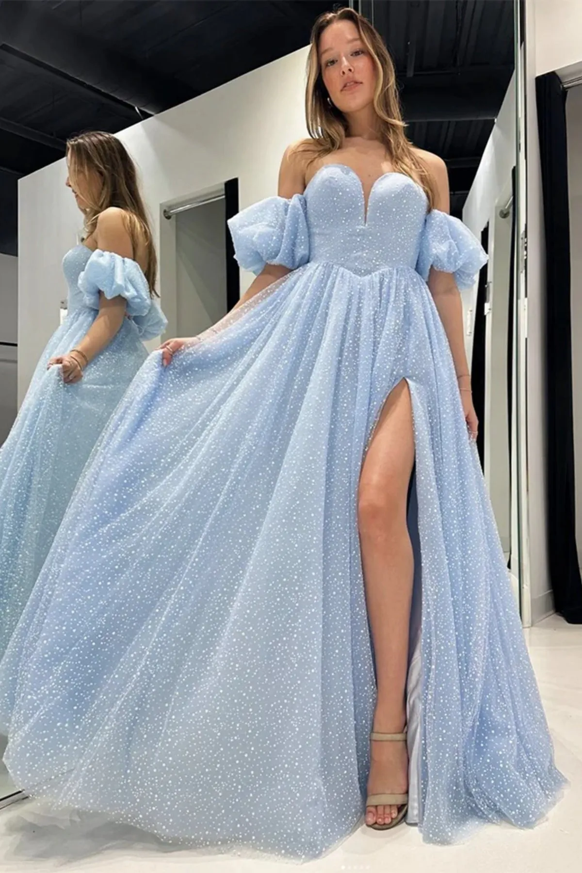 Nereida | Sky Blue Off The Shoulder Tulle Prom Dress With Split sold by KissProm