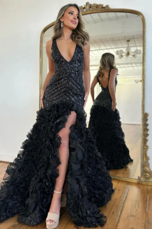 Vevina | Black Mermaid V-Neck Long Sequin Prom Dress With Ruffles sold by KissProm