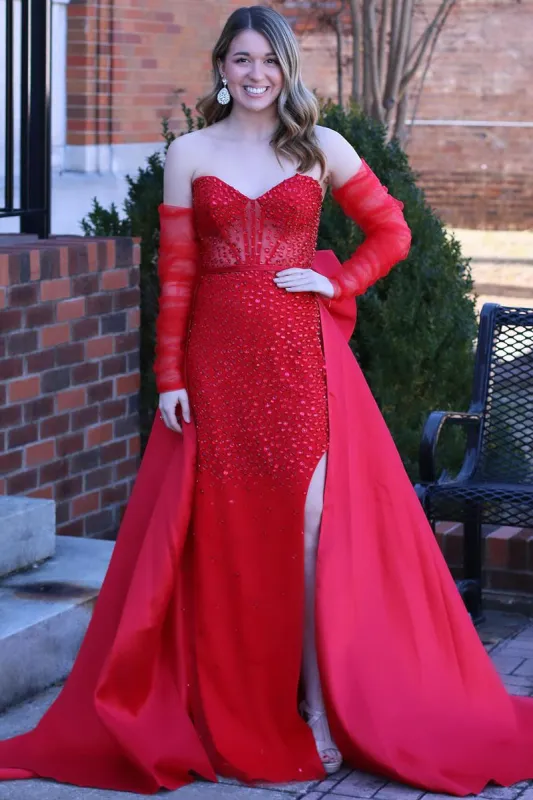 Sabriel | Red Sweetheart Satin Beaded Long Prom Dress With Split sold by KissProm