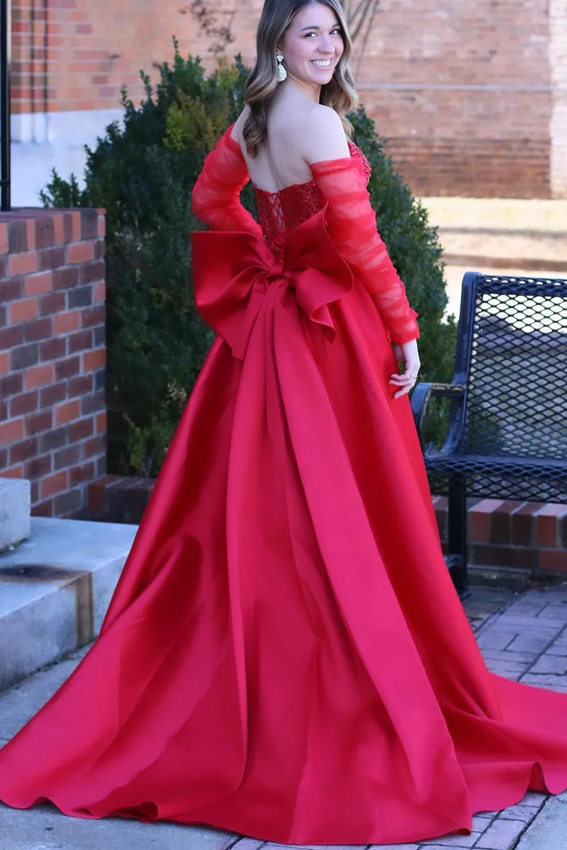 Sabriel | Red Sweetheart Satin Beaded Long Prom Dress With Split sold by KissProm product image thumbnail 2