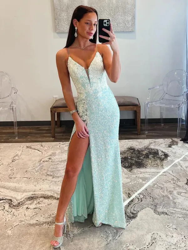 Ailsa | Mint Green Spaghetti Straps Sequins Mermaid Long Prom Dresses With Split sold by KissProm