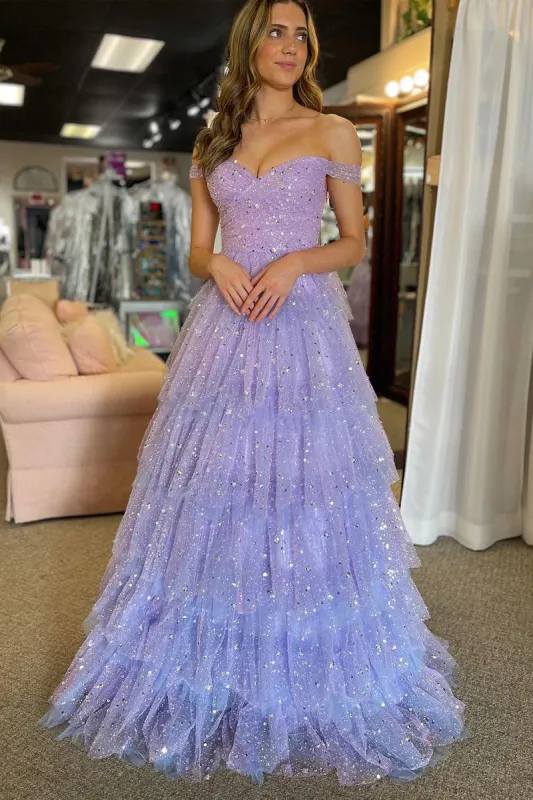 Acadia | A-Line Off the Shoulder Ruffle Tiered Tulle Long Prom Dress sold by KissProm