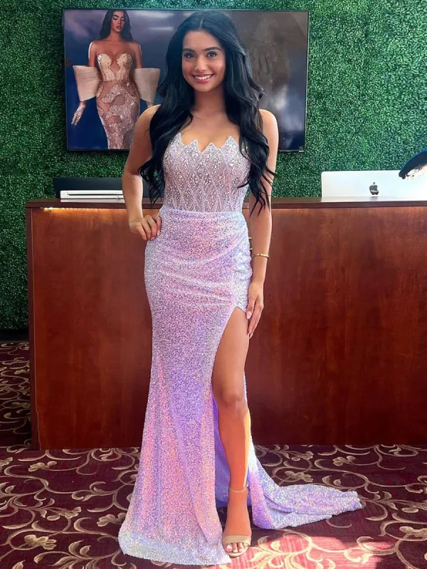 Abbott | Light Purple Mermaid Scoop Neck Sequins Prom Dresses With Split sold by KissProm