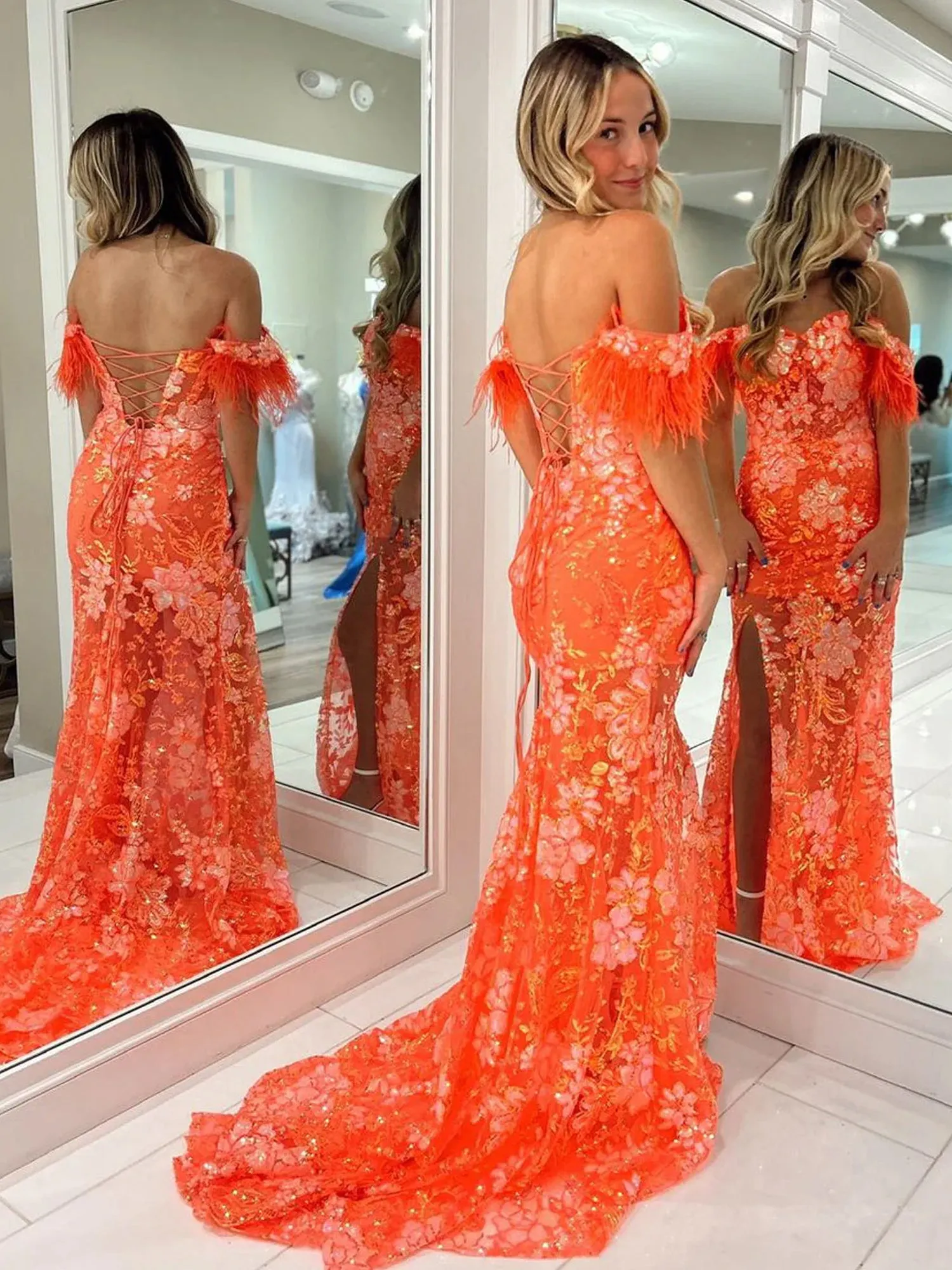 Orange Off-the-Shoulder Mermaid Lace Long Prom Dresses With Split sold by KissProm product image thumbnail 4