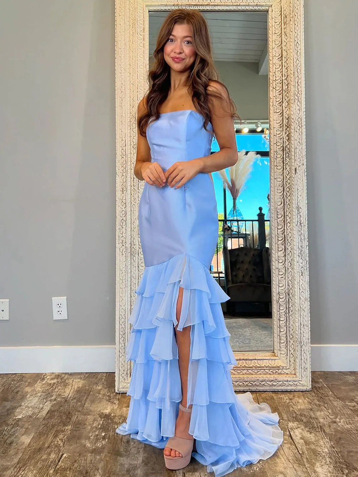 Sky Blue Mermaid Strapless Prom Dresses With Split sold by KissProm product image thumbnail 2