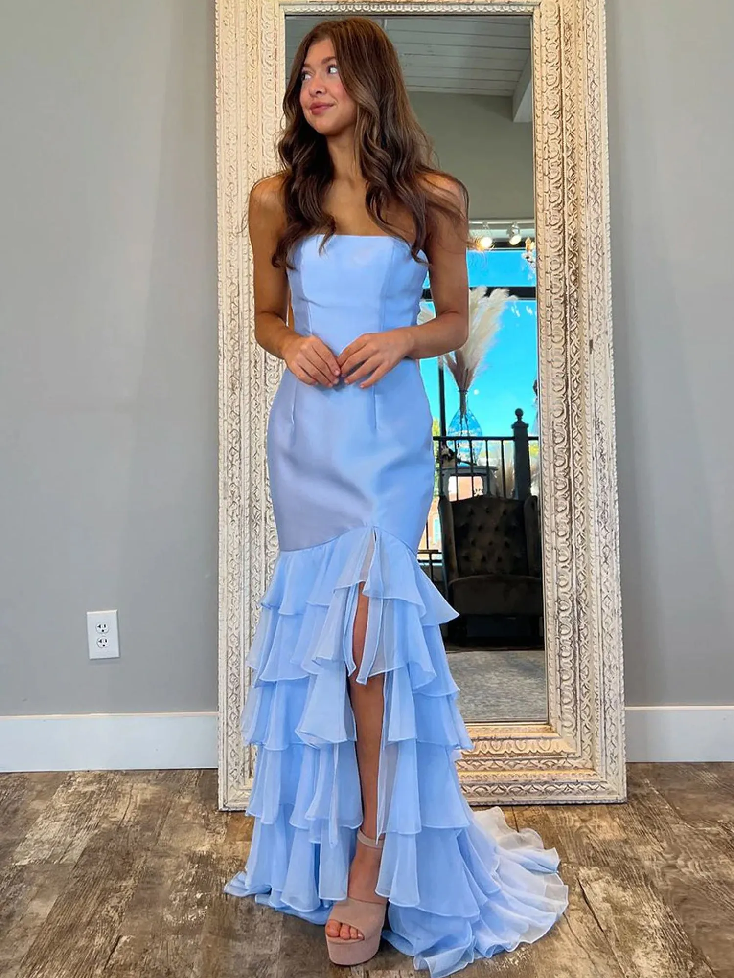 Sky Blue Mermaid Strapless Prom Dresses With Split sold by KissProm